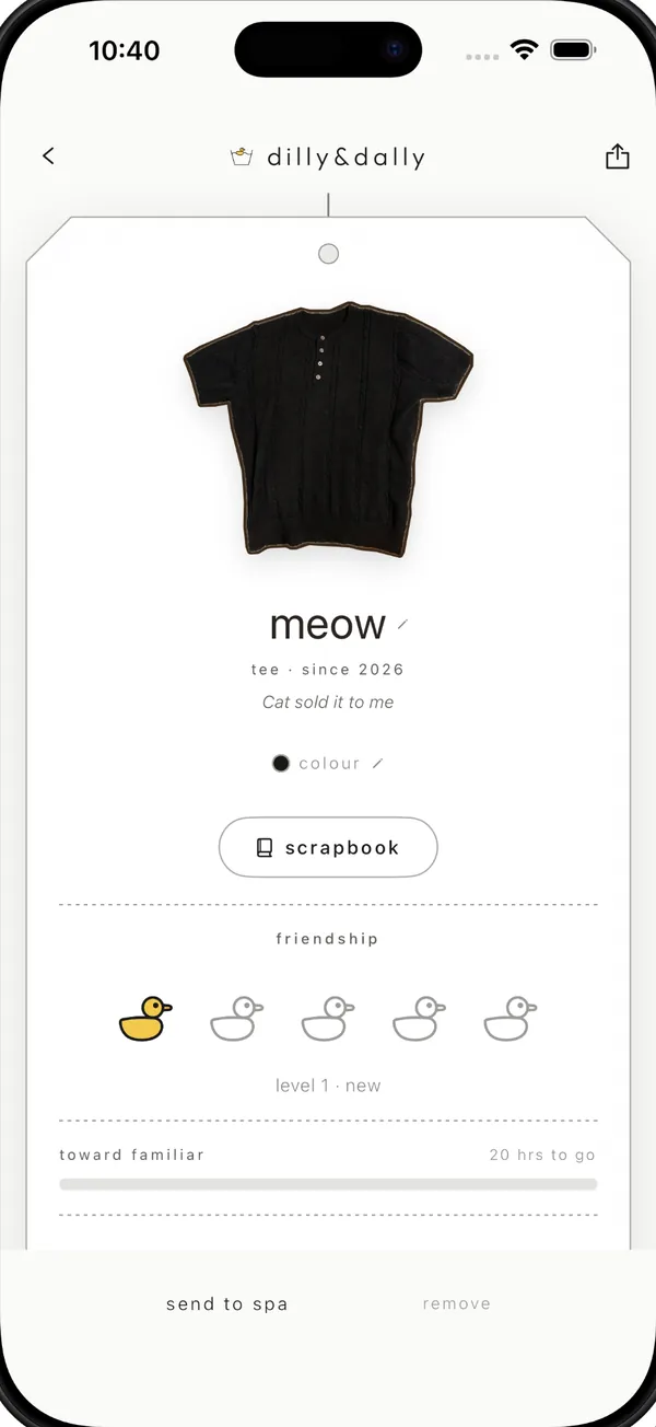 A tee's tag: its name, where it came from, a scrapbook button and its friendship level.