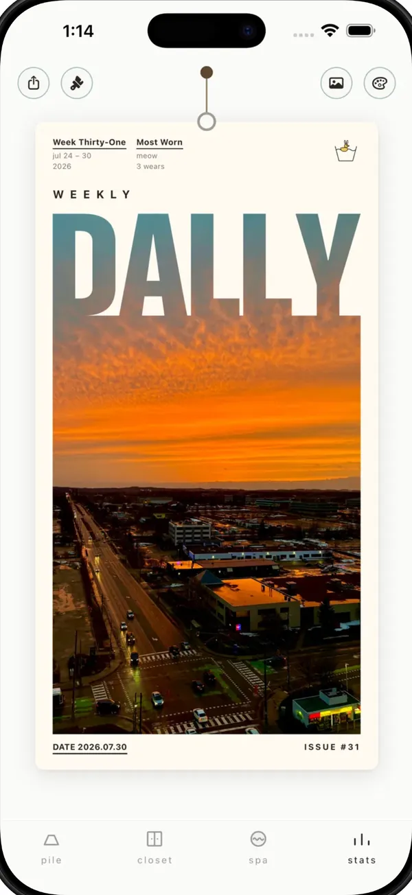 The Weekly Dally cover: the week's most worn piece and the DALLY masthead cut out of a sunset photo.